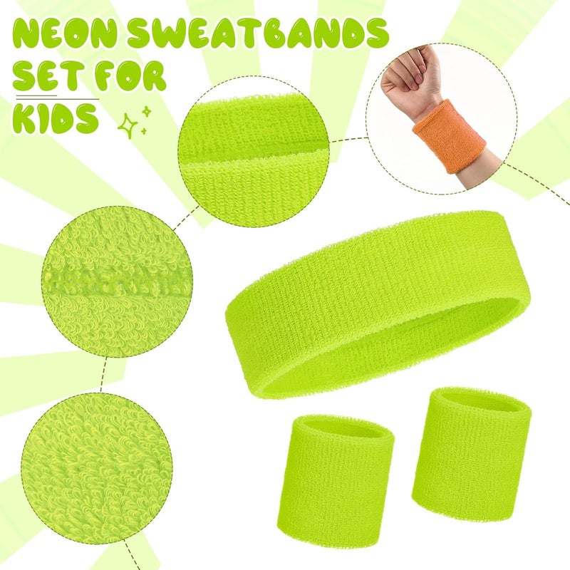 Bememo 36 Pcs Neon Sweatbands Set for Kids Bulk Sports Headband Wristband Set Cotton Terry Basketball Tennis for Students Youth 80s 90s Halloween Costumes Cosplay Glow Party - Image 5